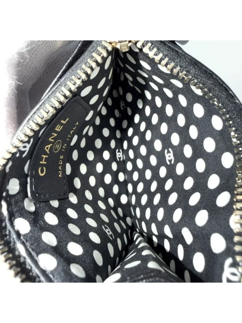 Chanel Coin Purse Quilted CC Logo Card Slot Polka Dot Lambskin Faux Pearl Black